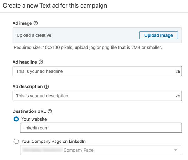 Hvordan lage LinkedIn-tekstannonse, trinn 12, innstillinger for annonsetekst