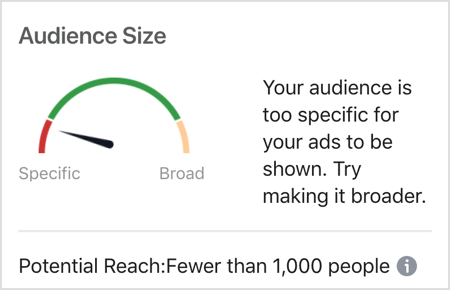 Melding om målgruppestørrelse på Facebook: Målgruppen din er for spesifikk til at annonsene dine skal vises.