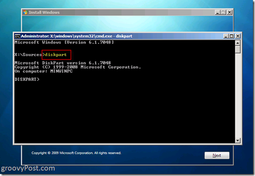 Windows 7 Native VHD Installere Dual Boot Launch Diskpart 6.1.7048 fra CMD Prompt for å bygge VHD-fil