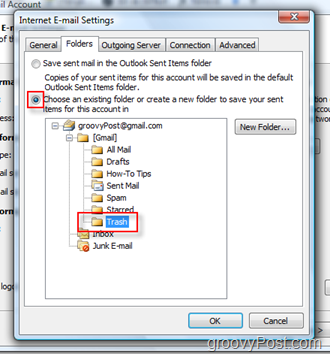 Oppsett SEND e-postmappe for iMAP-konto i Outlook 2007:: Velg papirkurven