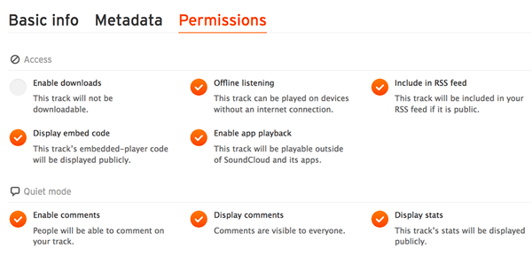 Kontroller Tillatelser-fanen for å sikre at lydfilen din er inkludert i SoundCloud RSS-feed.