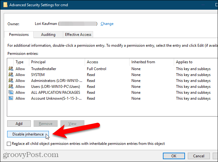 Klikk på Deaktiver arv i dialogboksen Avanserte sikkerhetsinnstillinger i Windows-registeret
