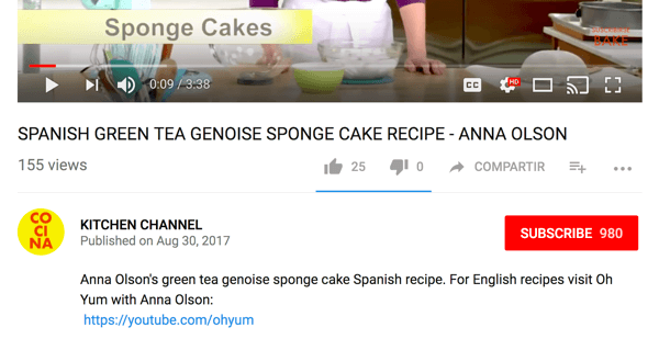Cocina dirigerer engelsktalende publikum til en annen matlagingskanal på YouTube.