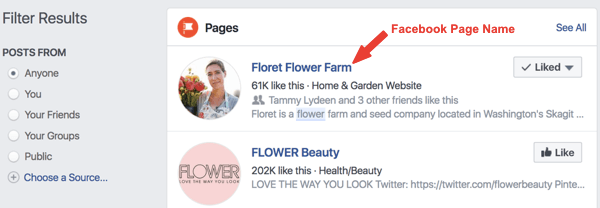 Eksempel på Facebook-siden som heter Floret Flower Farm i søkeresultatene.