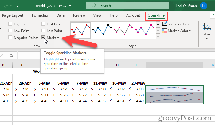 Vis markører på Sparklines i Excel