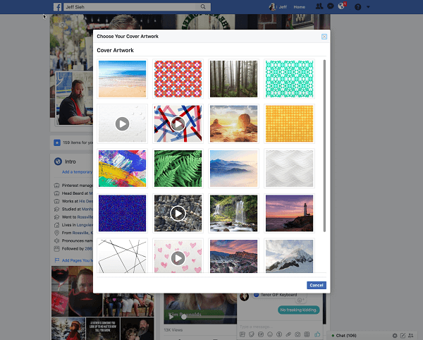 Facebook tillater nå brukere å velge en video for et profilomslag fra Artwork-biblioteket. 