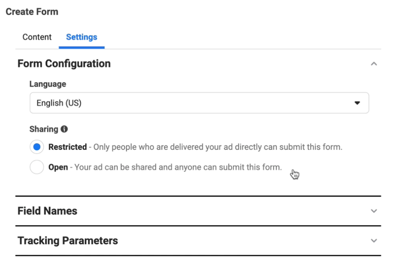 facebook lead ads oppretter nytt alternativ for leadform for å justere skjemakonfigurasjonsinnstillinger for språk som er satt til engelsk, og deling som er satt til begrenset