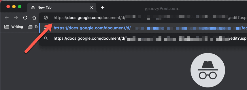 Lime inn en Google Docs-delingskobling i adressefeltet i et inkognitovindu i Google Chrome