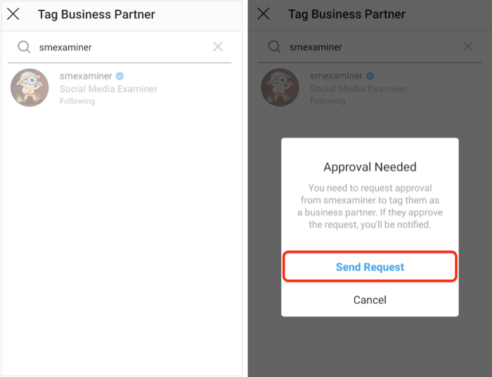 send forespørsel om godkjenning til forretningspartner på Instagram