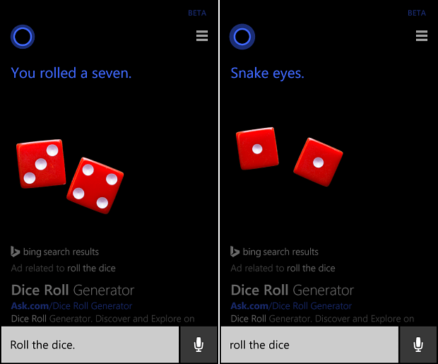 Vend en mynt eller rull terningene med Cortana på Windows Phone 8.1
