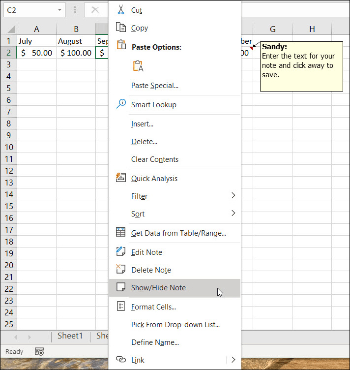 Vis eller skjul notater i Excel