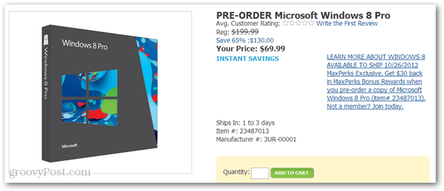 Kjøp Windows 8 Pro for $ 40 fra Amazon (DVD-ROM, $ 69.99 pluss $ 30 Amazon Credit)