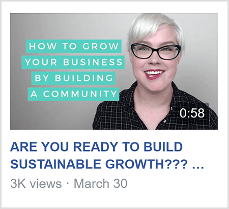 For å undervise i en Facebook-gruppe, deler Caitlin Bacher video som denne videoen med teksten How To Grow Din virksomhet ved å bygge et fellesskap og et bilde av Caitlin fra skuldrene opp og vendt mot kamera.