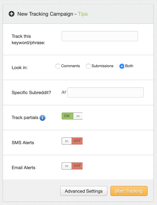 Hvordan markedsføre virksomheten din på Reddit, opprett merkevare Reddit-tilstedeværelse trinn 1, ny TrackReddit-sporingskampanje