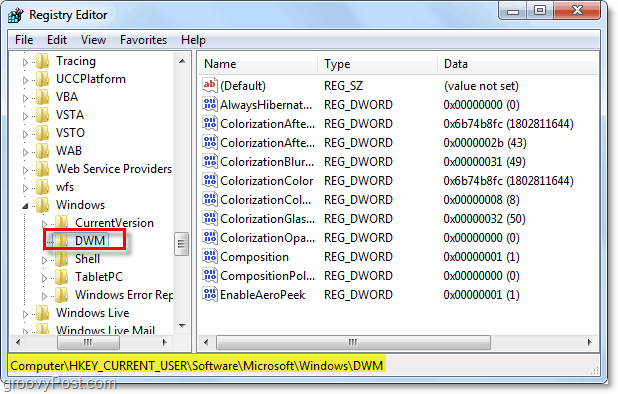 Åpne dwm-registernøkkelen i Windows 7