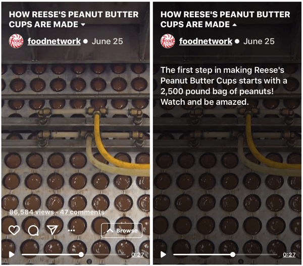 Eksempel på Food Networks IGTV-show som viser hvordan Reese's Peanut Butter Cups er laget.