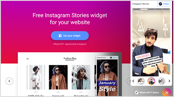 Instagram Stories-widgeten fra Fastory-hjemmesiden har en lyserød gradientbakgrunn med teksten Free Instagram Stories Widget for Your Website. En blå knapp med Facebook-logoen sier Get Your Widget. En simulert mobilskjerm som viser en Instagram-historie, vises på høyre side av websiden.
