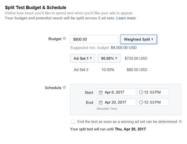Facebook lar deg kontrollere hvor mye budsjett du skal tildele til hvert annonsesett.