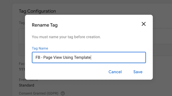 ny google tag manager ny tag med endre navn på tagmenyalternativer med det nye taggenavnet angitt som 'fb - sidevisning ved hjelp av mal'