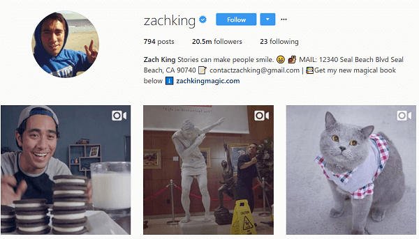 Selv om han opprinnelig brukte Instagram til å legge om Vines, begynte Zach snart å lage originalt Instagram-innhold.