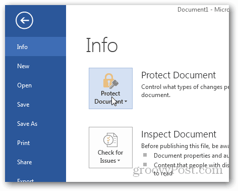 Passordbeskyttelse og kryptering av Office 2013-dokumenter: Klikk på Beskytt dokument