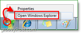 for å gå inn i Windows 7 explorer, høyreklikk på startkulen og klikk på open windows explorer