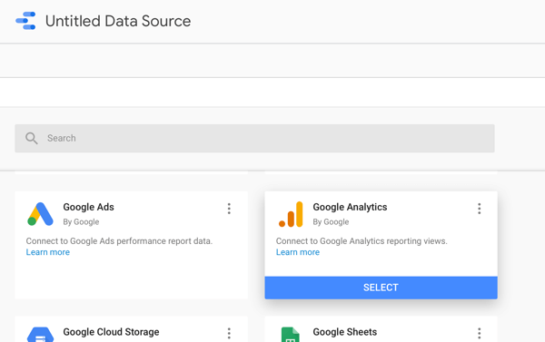 Bruk Google Data Studio til å analysere Facebook-annonsene dine, trinn 2, alternativ for å bruke Google Analytics som datakilde