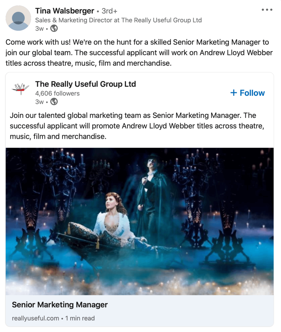 bilde av rekrutteringsinnlegg på LinkedIn-selskapssiden delt videre av ansatt på personlig profil
