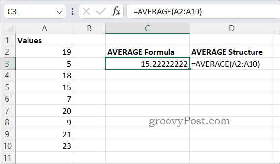 Eksempel AVERAGE formel i Excel