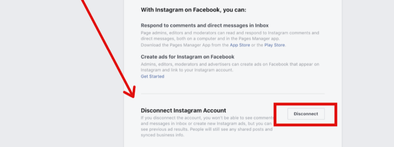 trinn 2 for å koble fra Instagram-kontoen i Facebook-sideinnstillingene