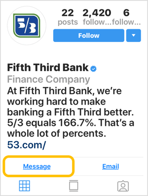 Instagram-profil for bank med Message call-to-action-knapp.