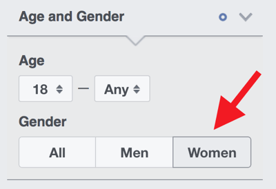 Hvis publikummet ditt nesten er kvinner, velger du Kvinner under alder og kjønn.