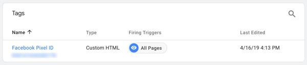 Bruk Google Tag Manager med Facebook, trinn 7, se taggen oppkalt etter Facebook Pixel