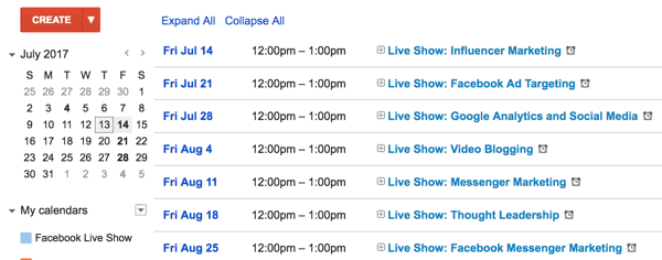 Lag en kalender med emner for ditt Facebook Live-show.