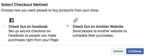 Facebook lar deg velge om du vil at brukerne skal sjekke ut på Facebook eller sende dem til nettstedet ditt for å sjekke ut.