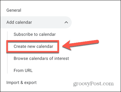 Google Kalender opprette et nytt kalenderalternativ skjermbilde