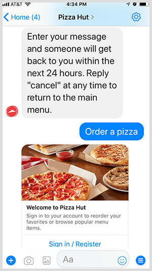Pizza Hut automatiserer bestilling av pizza via Messenger bot.