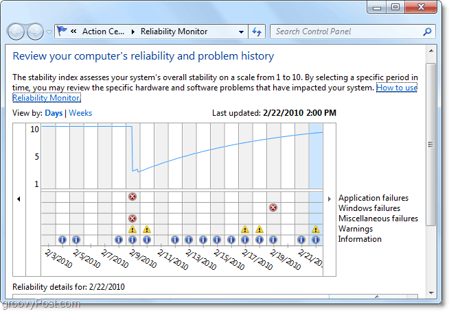 finn når et problem i windows 7 først starter med å se på datoene
