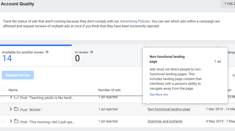trinn 3 i hvordan du bruker Facebook Account Quality Tool