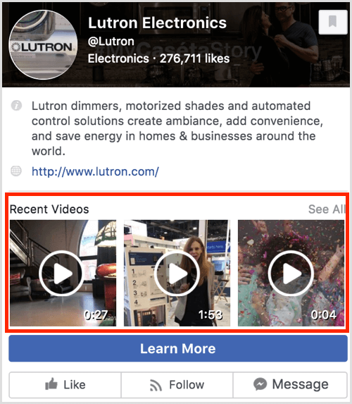 En forhåndsvisning av Facebook-siden som viser nylige videoer.