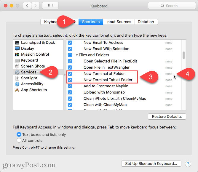 Klikk Ingen for å legge til en snarvei til den nye terminalen på mappetjenesten på en Mac