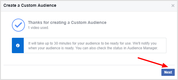 Facebook viser en melding som bekrefter at din tilpassede målgruppe er ferdig.