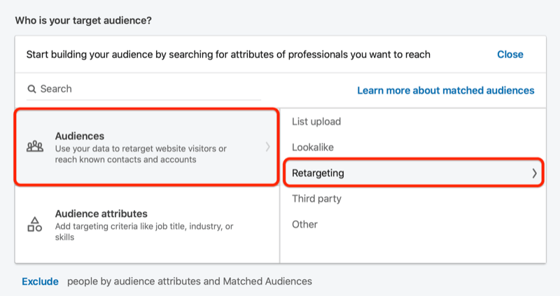 linkedin opprette målgruppe med retargeting-alternativet uthevet