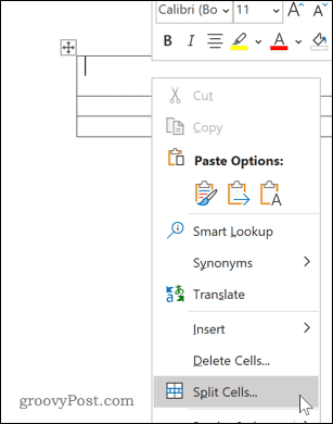 Dialogalternativer for Word-delte celler