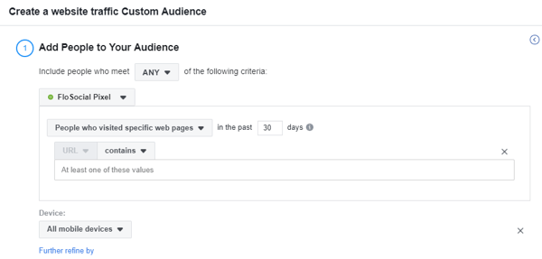 Bruk Facebook Event Setup Tool, trinn 17, innstillinger for å opprette et tilpasset Facebook-publikum basert på enheten
