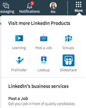 Du finner mange direktelenker i LinkedIn-delen Mer. Du kan også opprette en firmaside herfra.