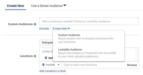 Alternativer for å bruke et tilpasset publikum eller like publikum for en Facebook-leadannonsekampanje.
