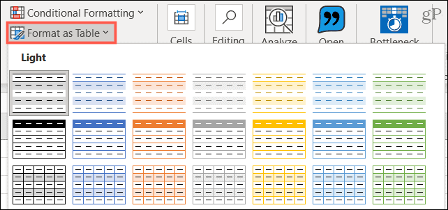 Formater som tabell i Excel