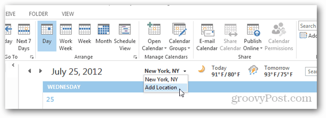 Outlook 2013 Kalender Vær Tour - Klikk Legg til plassering
