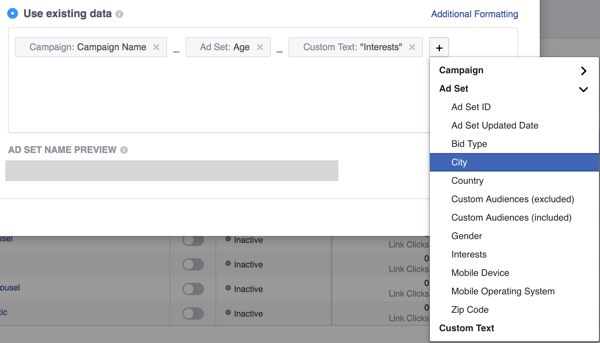 Legg til felt for å konfigurere navnekonvensjonen for Facebook-annonser.